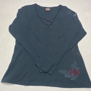 Harley-Davidson Black Long Sleeve Rhinestone Shirt Women’s XL Y2K